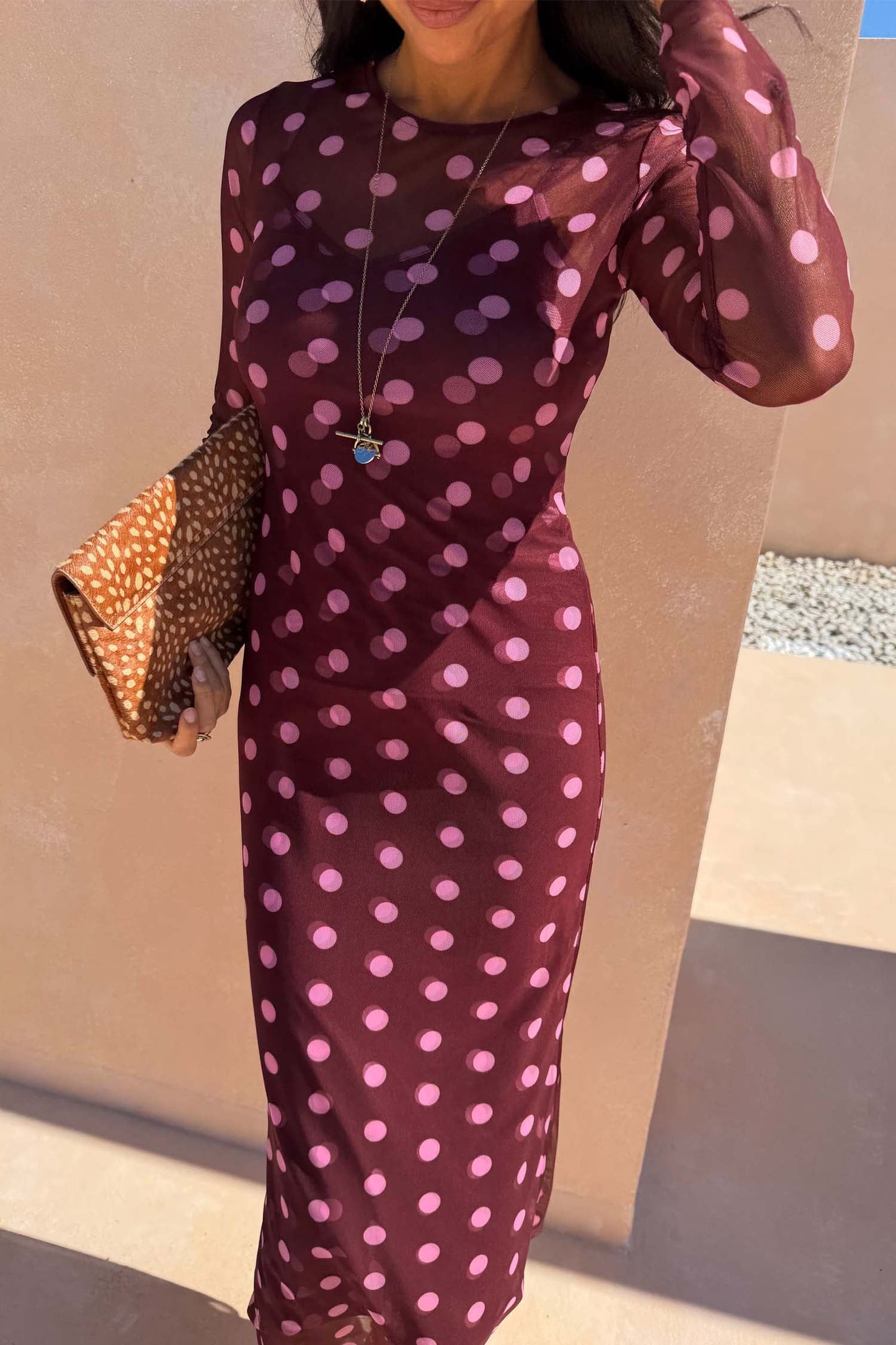 Burgundy Polka Dot Mesh Dress