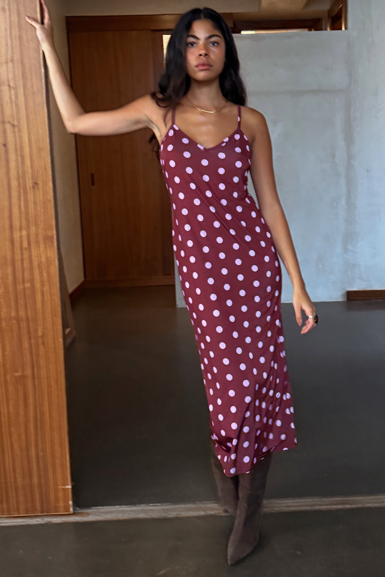 Burgundy Polka Dot Mesh Dress