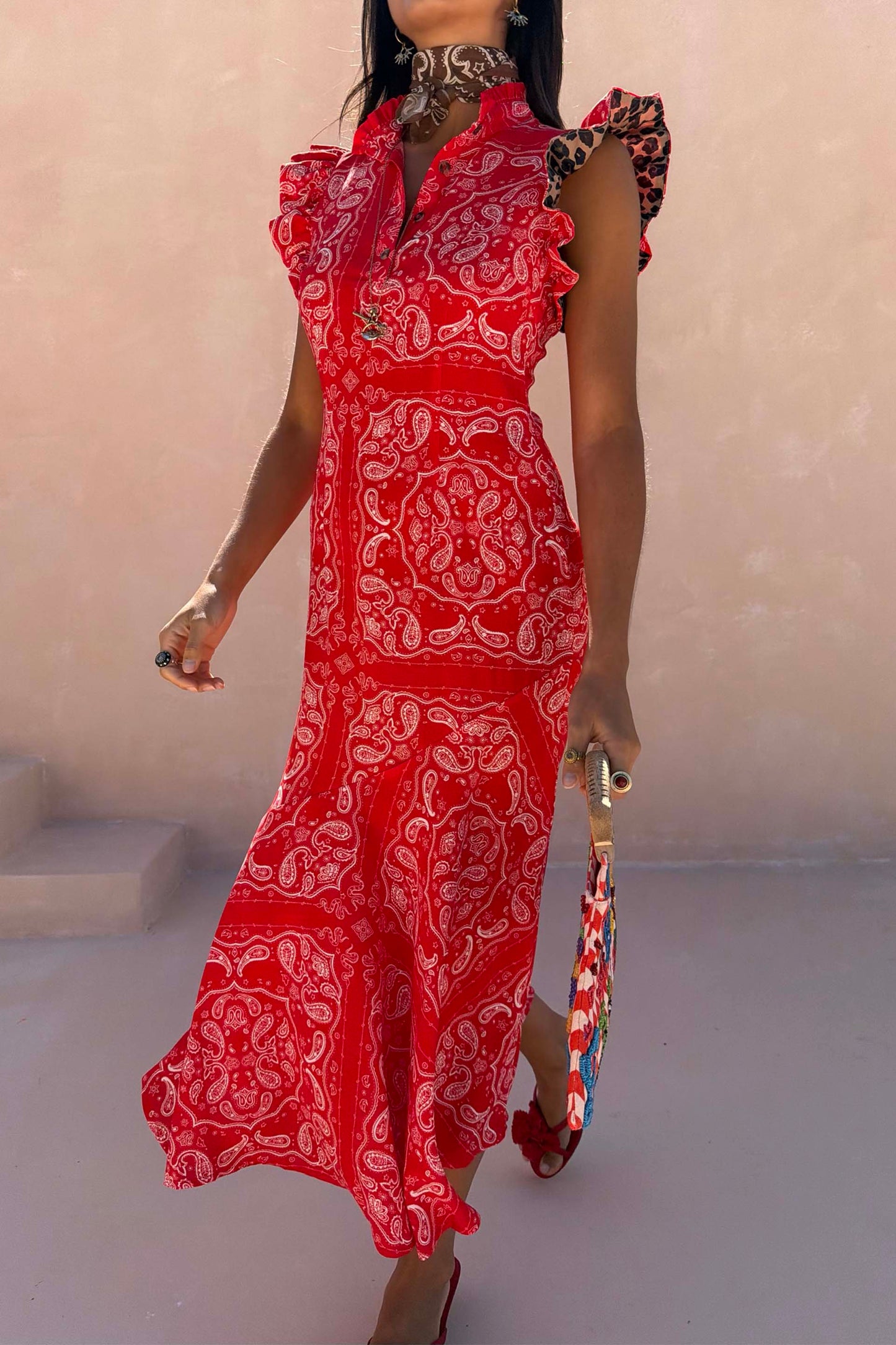 Red Bandana Remi Dress with Leopard Sleeve