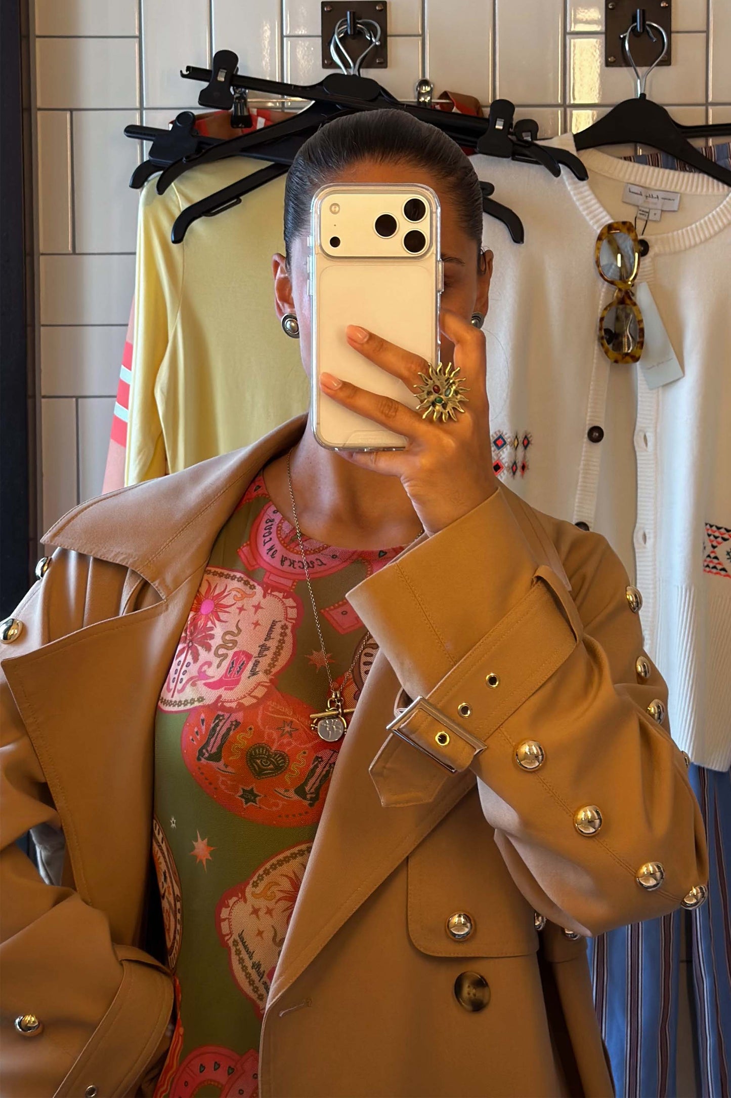 Tan Trench Coat with Gold Studs
