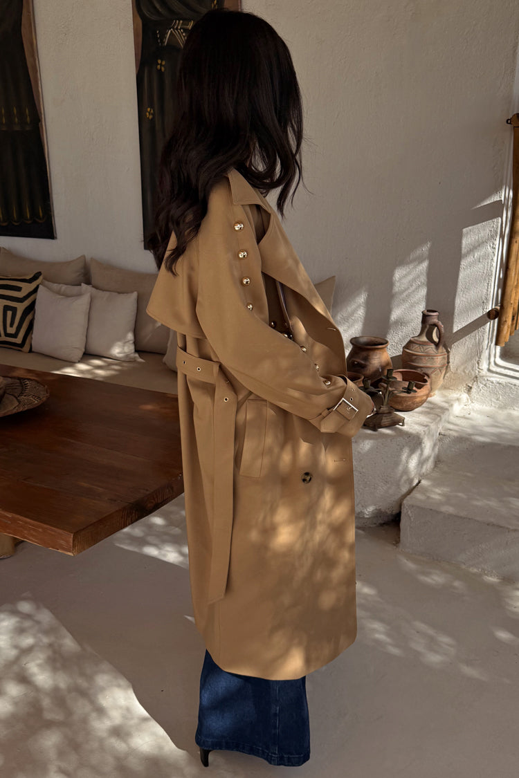 Tan Trench Coat with Gold Studs