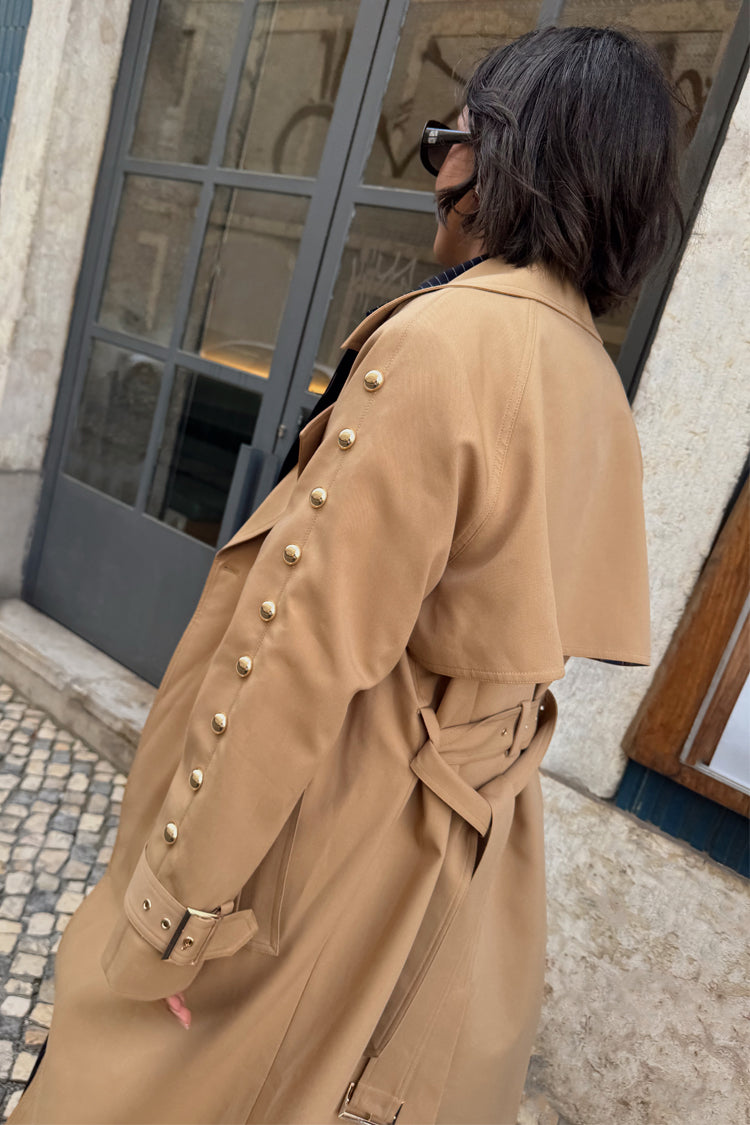 Tan Trench Coat with Gold Studs