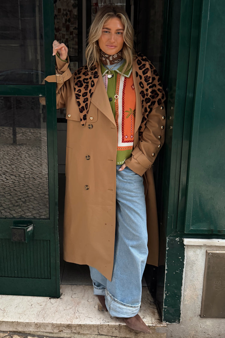 Tan Trench Coat with Gold Studs